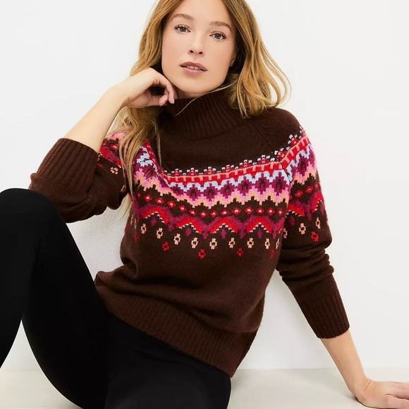 Lou & Grey Brown and Pink Cowl Neck Sweater with Fair Isle Pattern - Picture 1 of 8